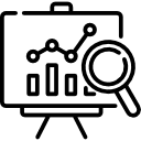 Line art of computer monitor with magnifying glass representing marketing strategy